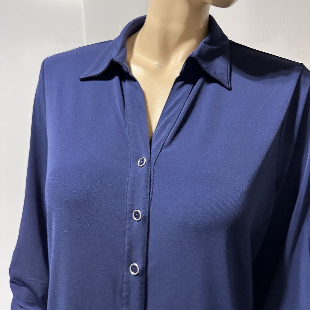 Susan Graver Button Front Shirt Navy Blue Ruched Sleeve Size M Medium Liquid - Picture 2 of 10